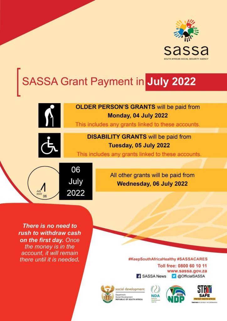Social grant payment dates for July 2022